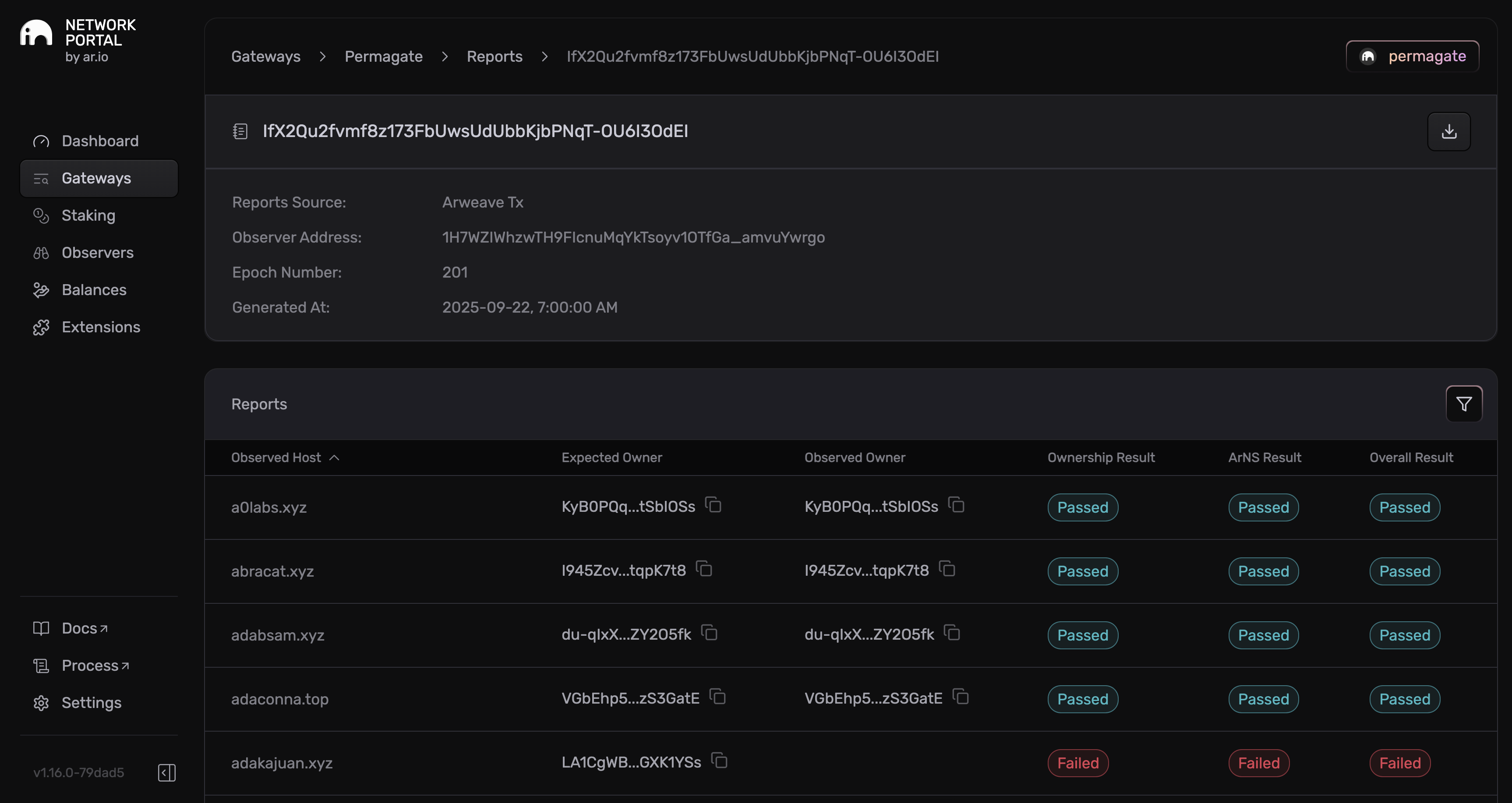 Observer Report Overview showing multiple gateway evaluations